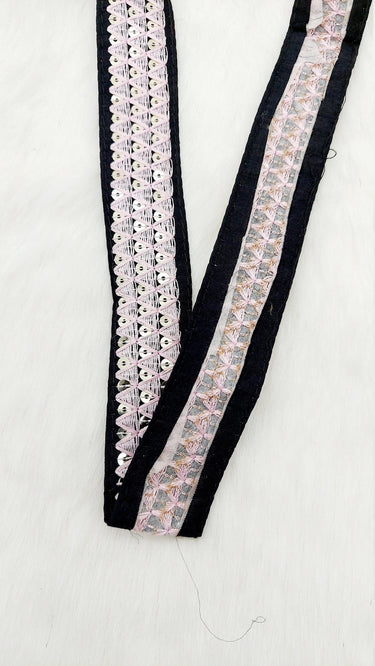 Black Cotton Fabric Lace Trim with Pink Thread and Gold Sequins Embroidery, Decorative Trim, Bohemian Trim